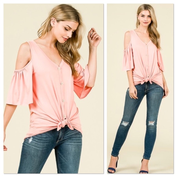 Blush Open Shoulder Front Tie Top - Picture 4 of 7